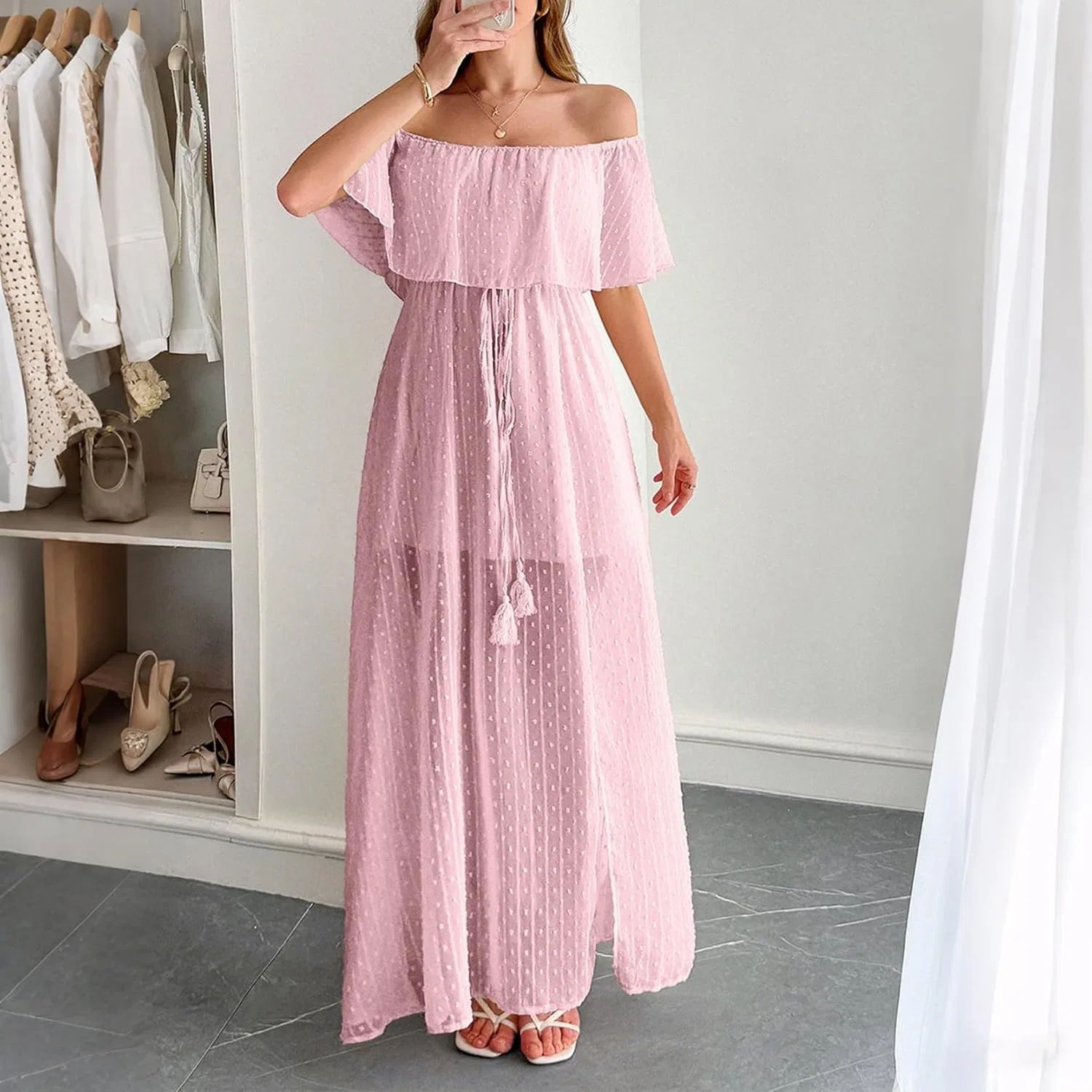 Женское летнее платье шифоновое A-силуэта с разрезом, Pink — фото 2