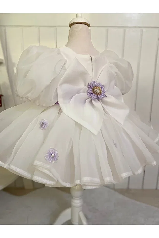 Детское платье для девочек с принтом Puffy bubble sleeve flower girl's dress Hobi, White-Lilac — фото 4