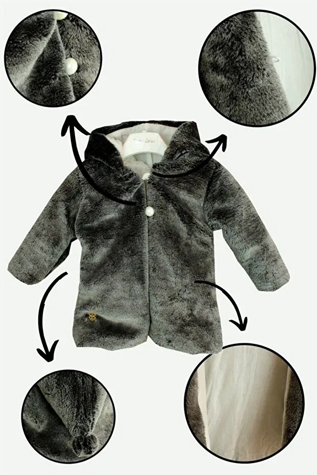 Детское пальто для девочек из плюша с капюшоном Babydola, Black — фото 3