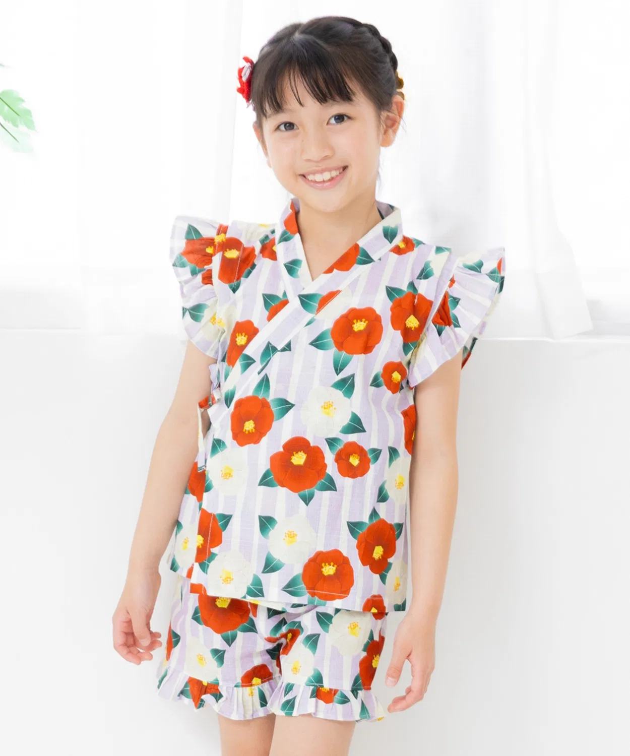 Детское кимоно-юката с воланами, комплект из двух предметов, модель Frill Jinbei, chil2, Lavender