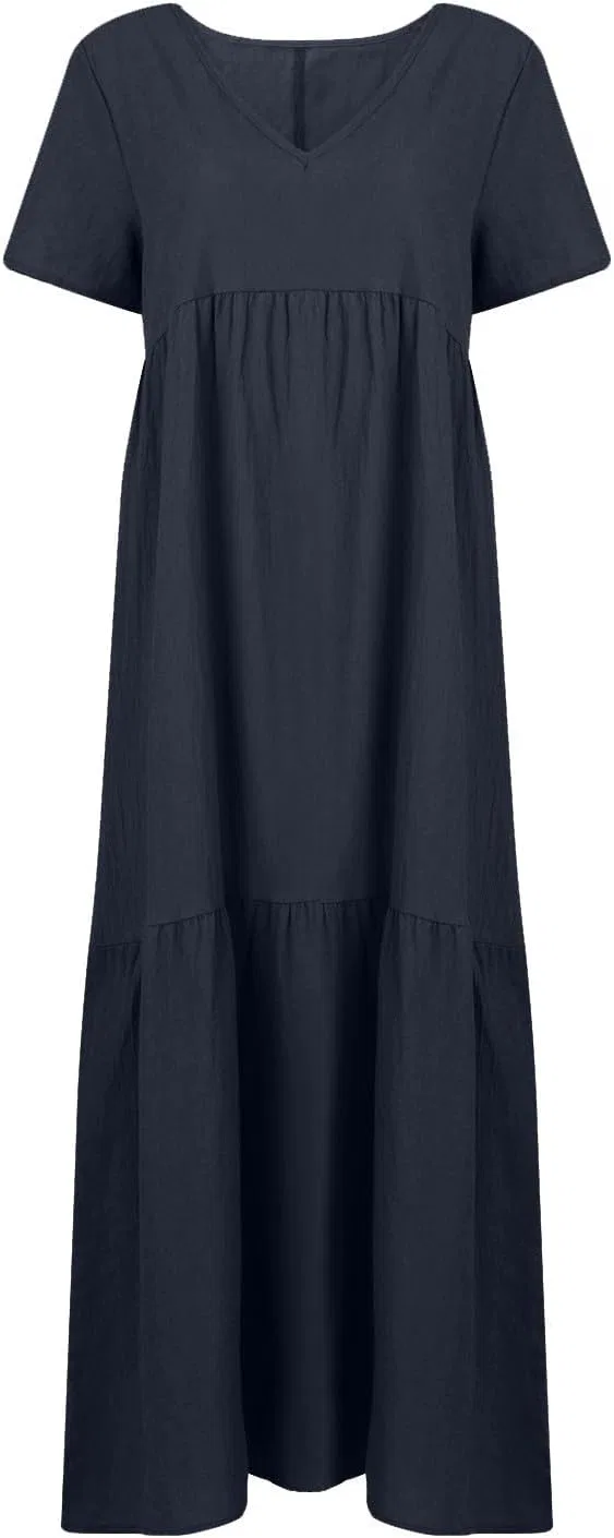 Женское льняное макси-платье свободное V-образное с оборками, Dark Blue — фото 3
