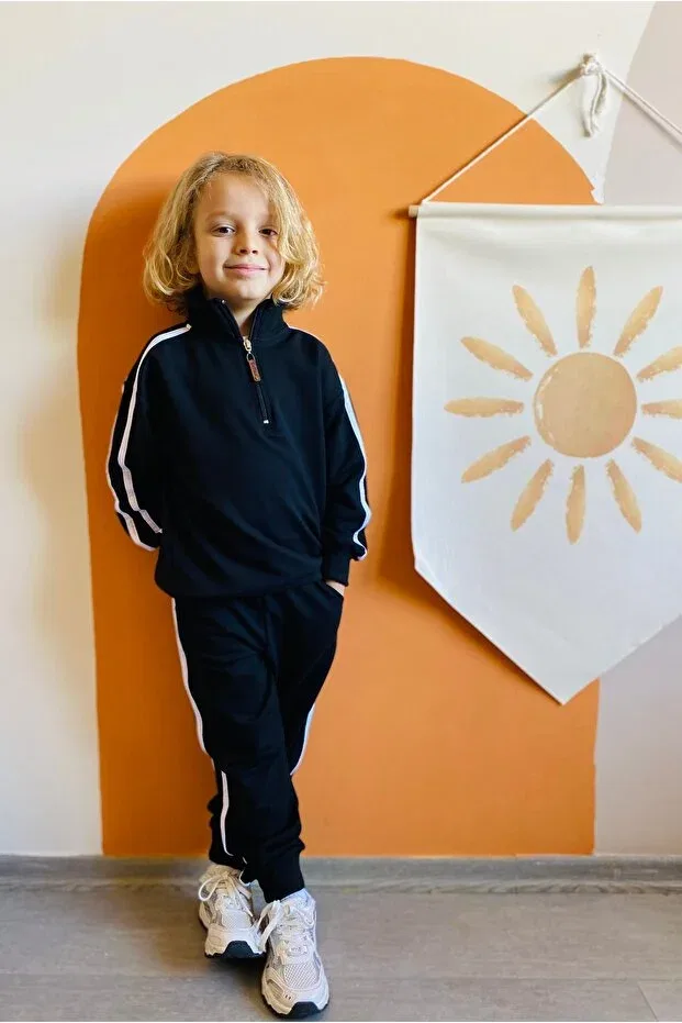 Детский комплект свитшот-брюки с принтом Boys/girls striped detail tracksuit sets with mock neck sweatshirts Heyadventure, Black — фото 3