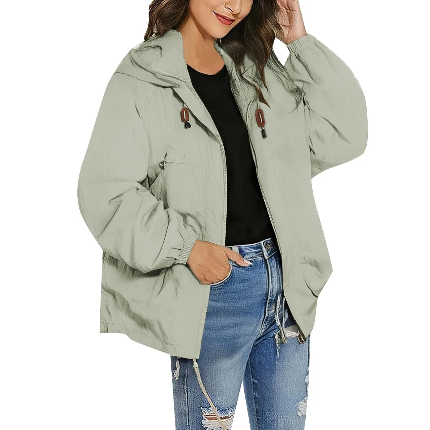 Женская ветровка с капюшоном, легкая, на молнии, Oversize, green
