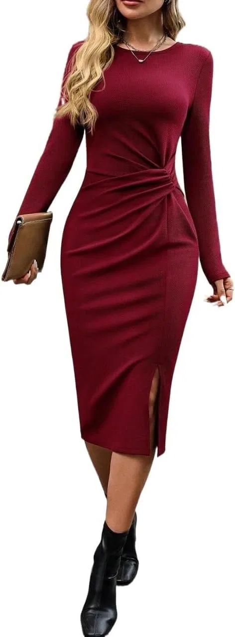 Женское облегающее платье миди с защипами Ruched Long Sleeve, Burgundy