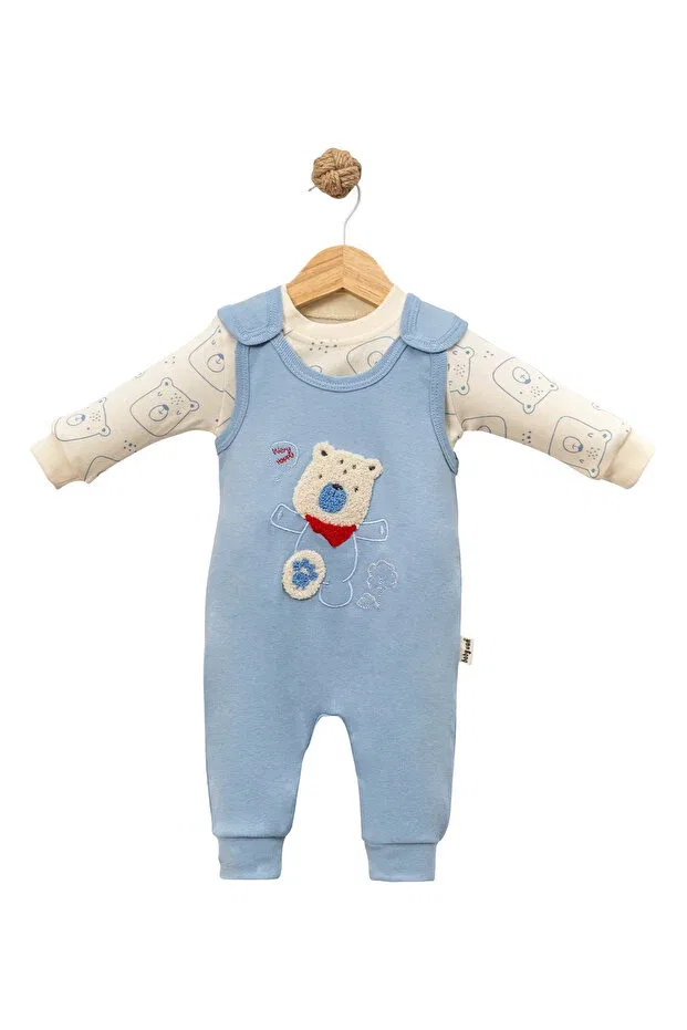 Детский комбинезон для мальчиков с принтом Teddy Bear Figured Snap-On Jumpsuit and Patterned Badi 2-Piece Salopet Set Cekic Kids, Blue — фото 2