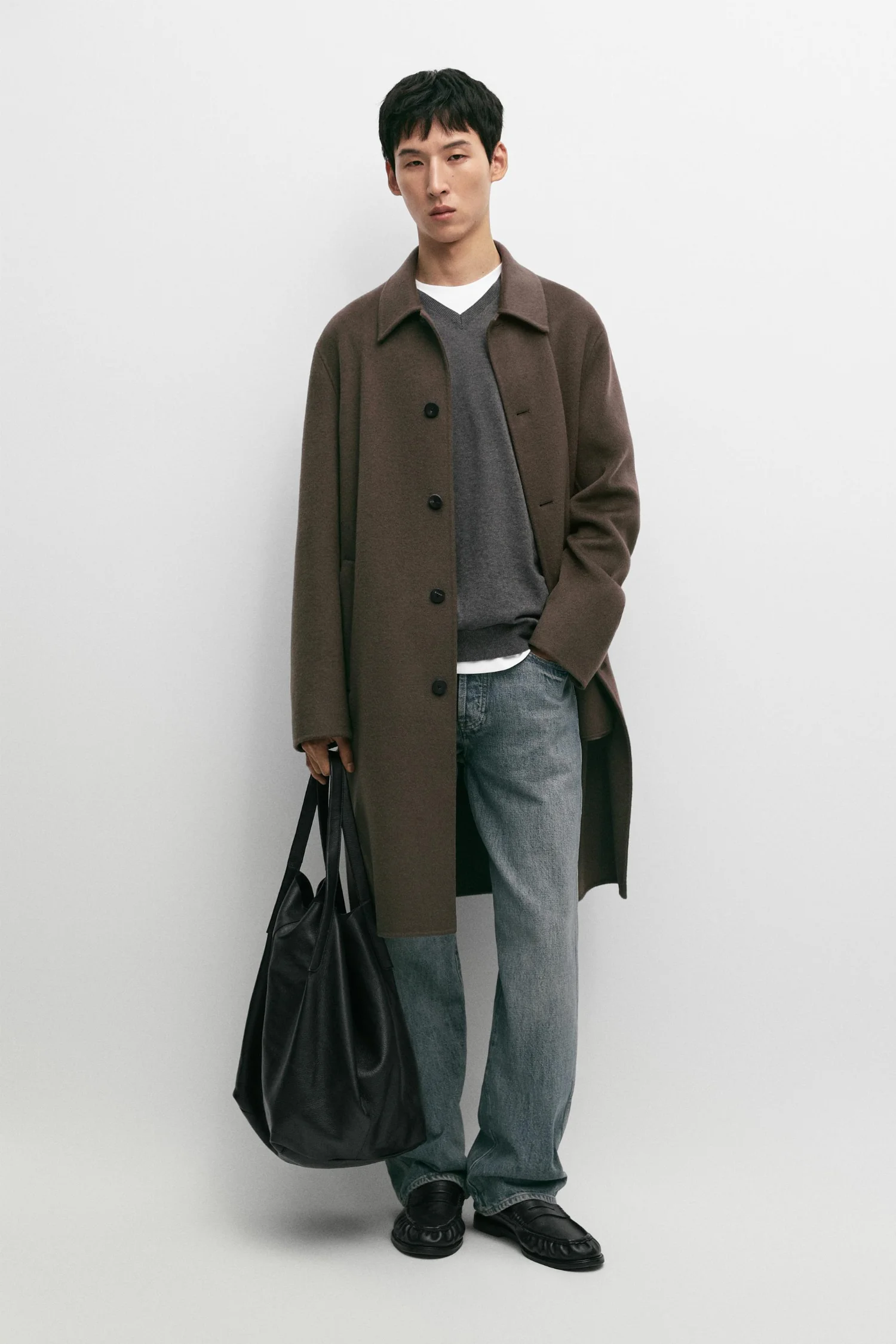 Пальто Massimo Dutti Long Wool Blend, темный хаки