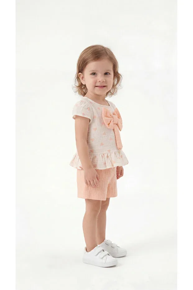 Детский комплект для девочек с принтом Heart Patterned Bowknot Mışıl Kids, Salmon — фото 2