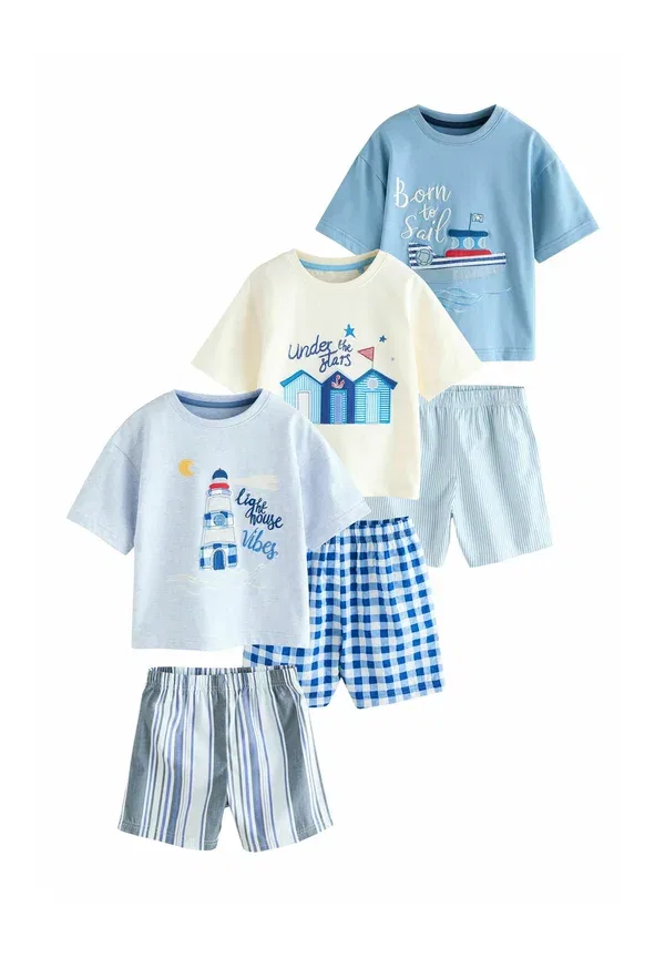 Пижама из хлопка, клетка, Regular fit - woven short pyjamas 3 pack set, Next, blue/ecru seaside, бежевый