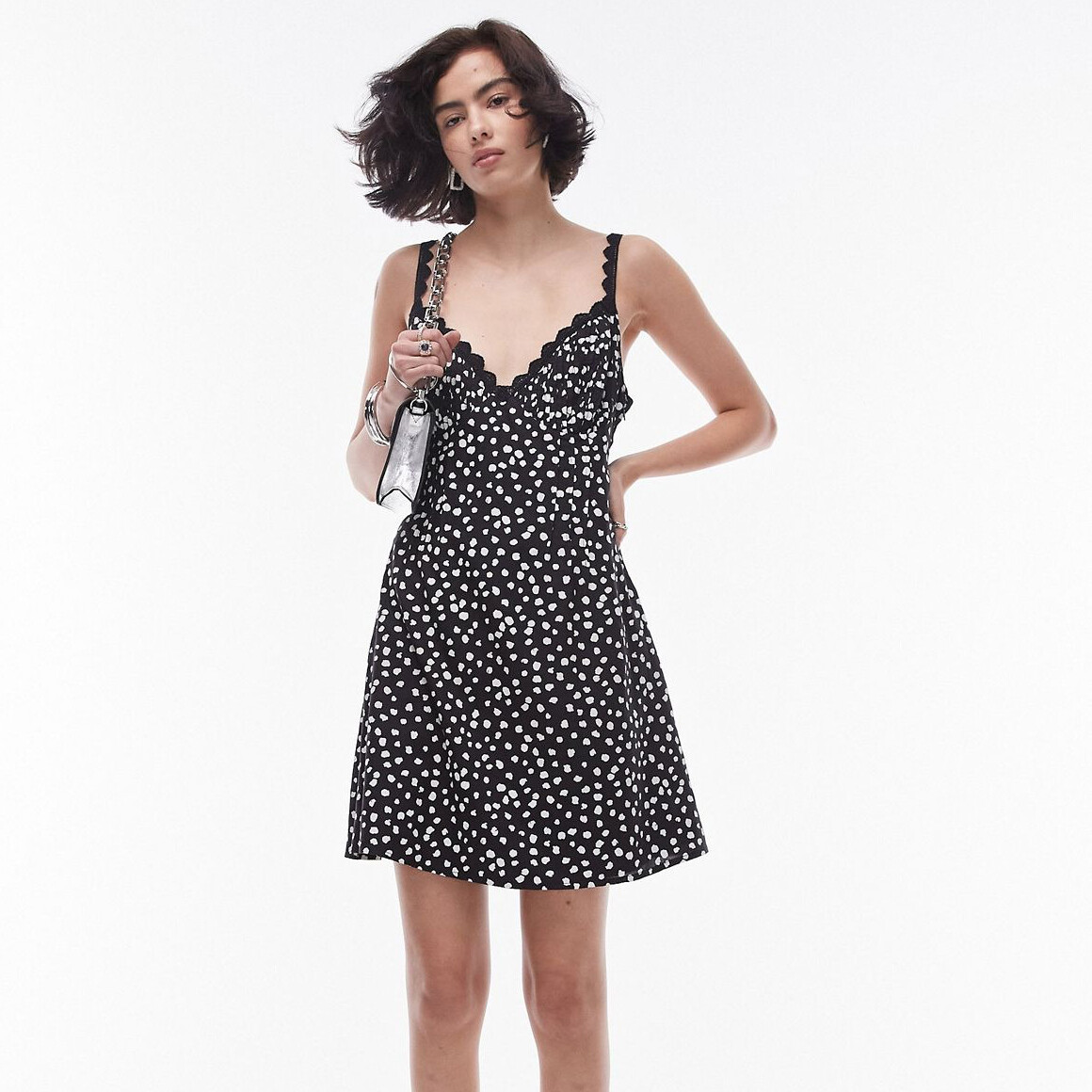 

Платье Topshop Lace Trim Pin Tuck Bust Mini In Mono Spot, черный/белый