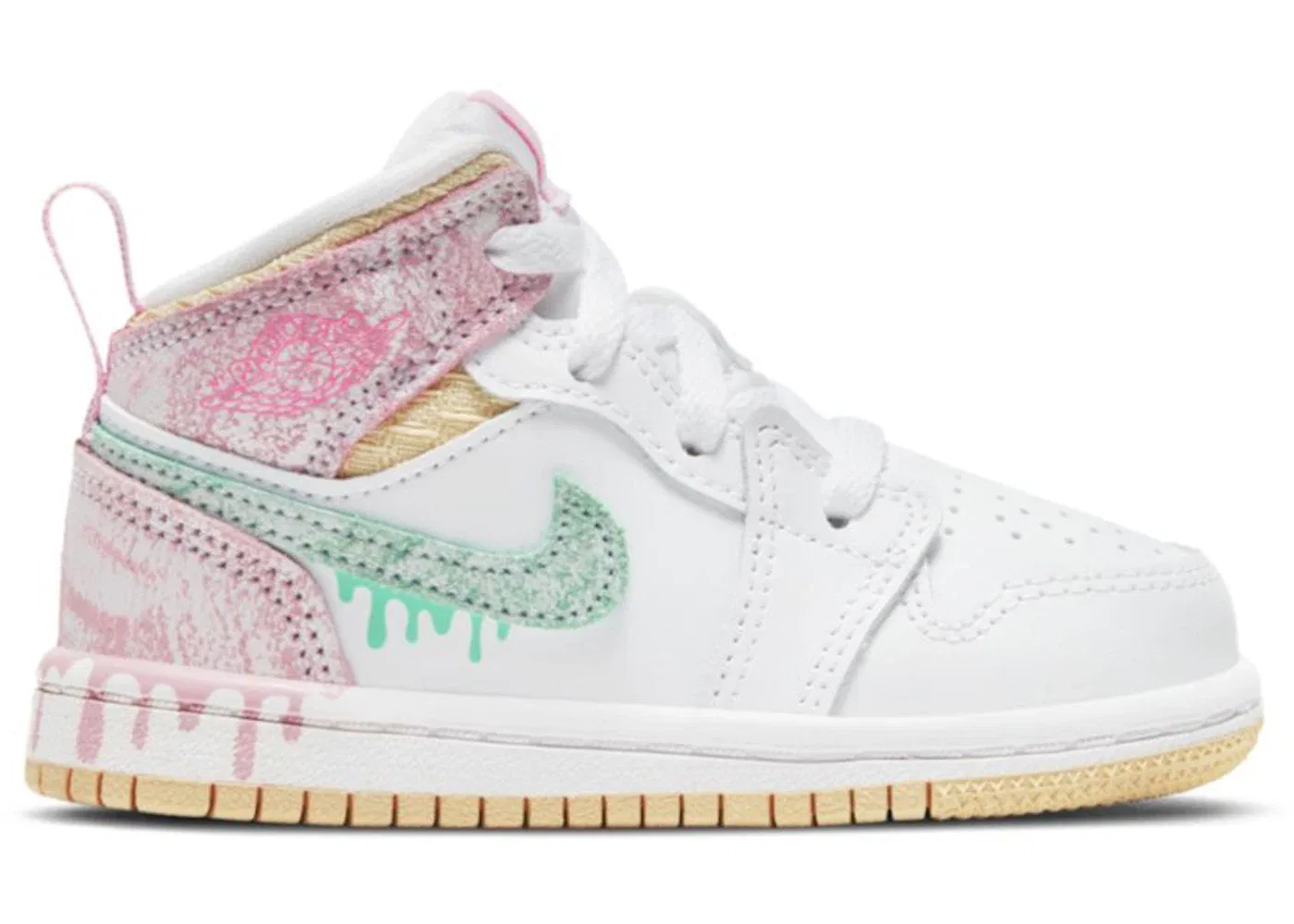 Детские кроссовки Lifestyle с принтом Jordan 1 Mid SE Ice Cream (TD) Jordan, White/Arctic Punch/Pale Vanilla/Green Glow