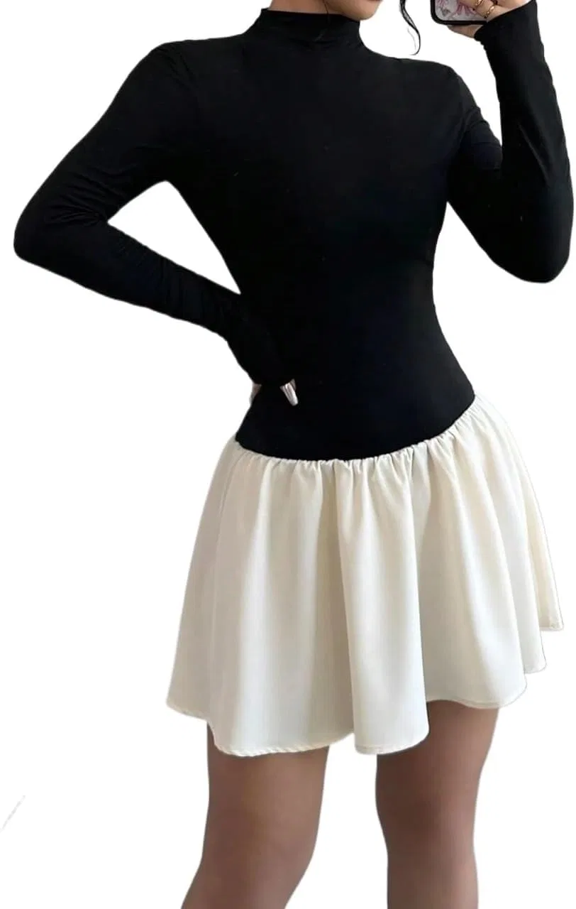 Женское A-силуэта платье с цветблоком Long Sleeve, Black