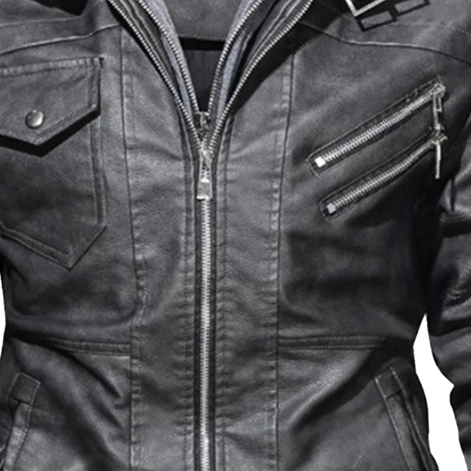 Мужская куртка из экокожи с капюшоном, модель Motorcycle Bomber, с асимметричной молнией, серый — фото 3