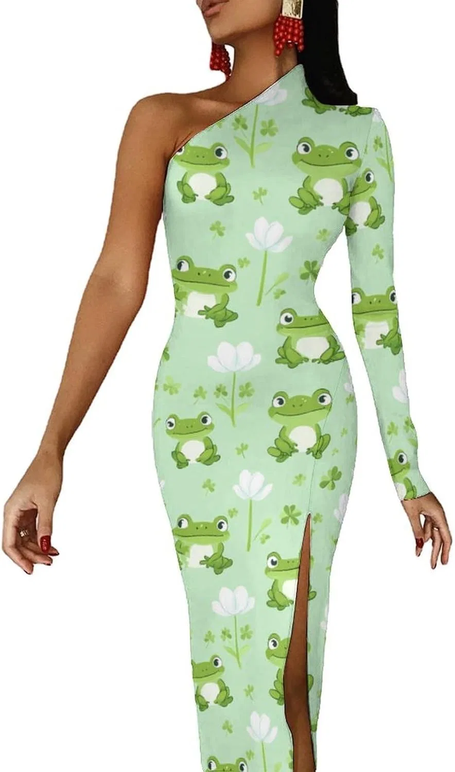 Женское коктейльное платье с одним плечом Green Frog Pattern, Style