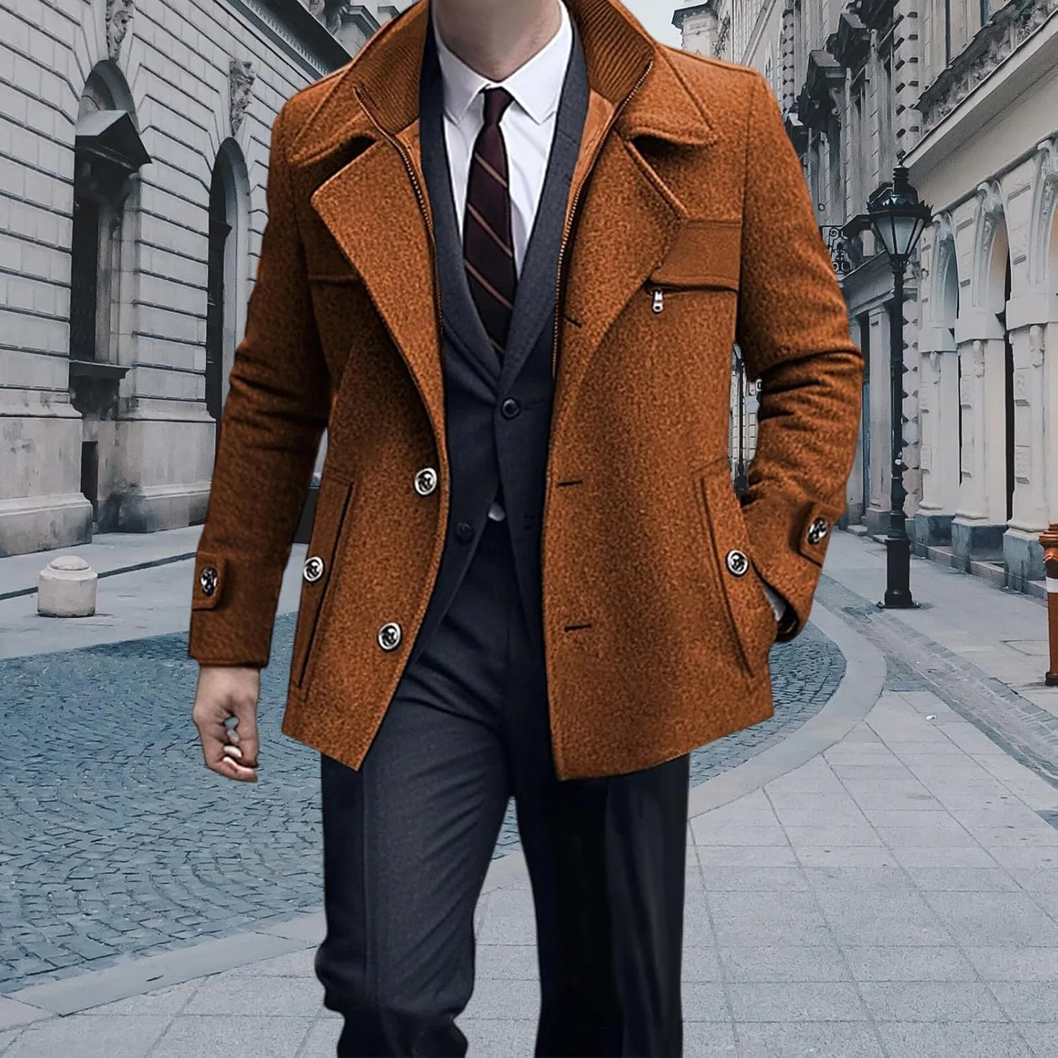 Мужское пальто-тренч с длинным рукавом, Regular Fit Trench Coat, коричневый — фото 4