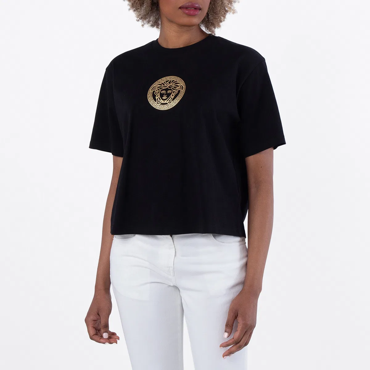 Футболка укороченная с принтом Medusa Cotton Crop T-Shirt Versace, Black/Gold