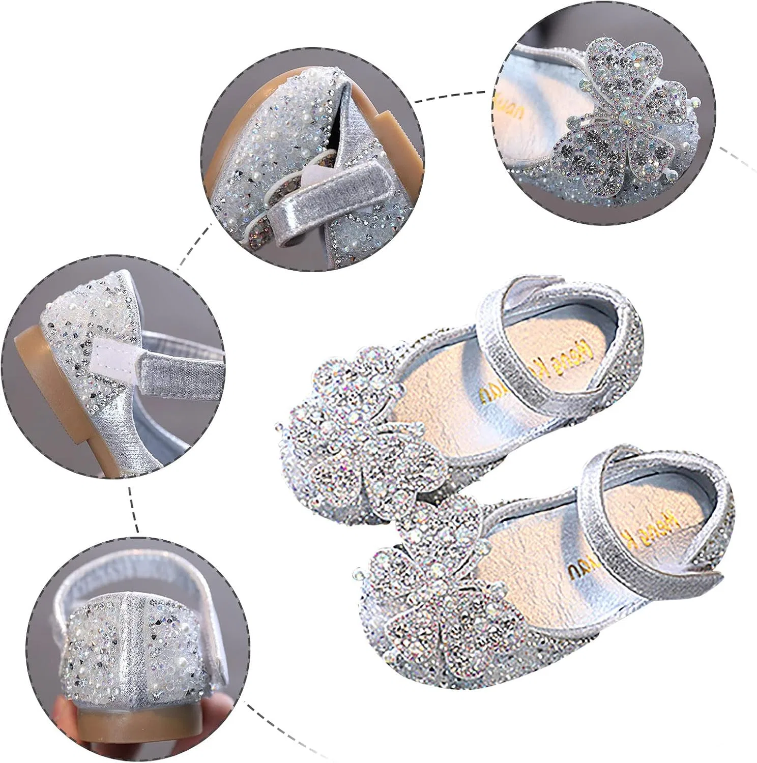 Детские туфли-балетки для девочек с принтом Rhinestones Bow Mary Jane Dress Shoes Flower Wedding Shoes Glitter Sequins Princess Ballet Flats, Silver — фото 3