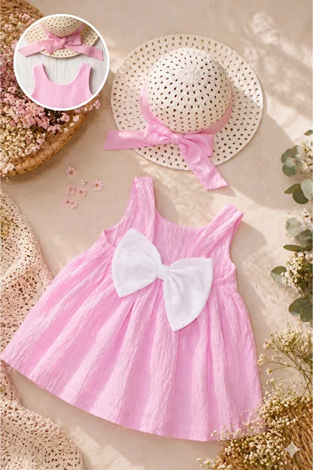 Детский комплект платье и шапка из муслина с бантом Eymirgiyim, Pink