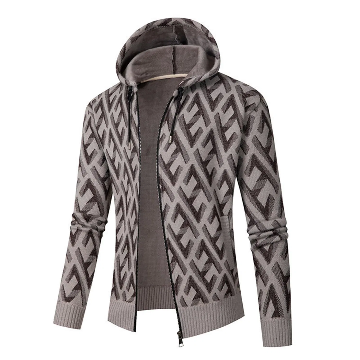 Мужское вязаное пальто с капюшоном и принтом, модель Autumn and Winter Men's Knitted Hooded Cardigan Sweater Coat, B-khaki