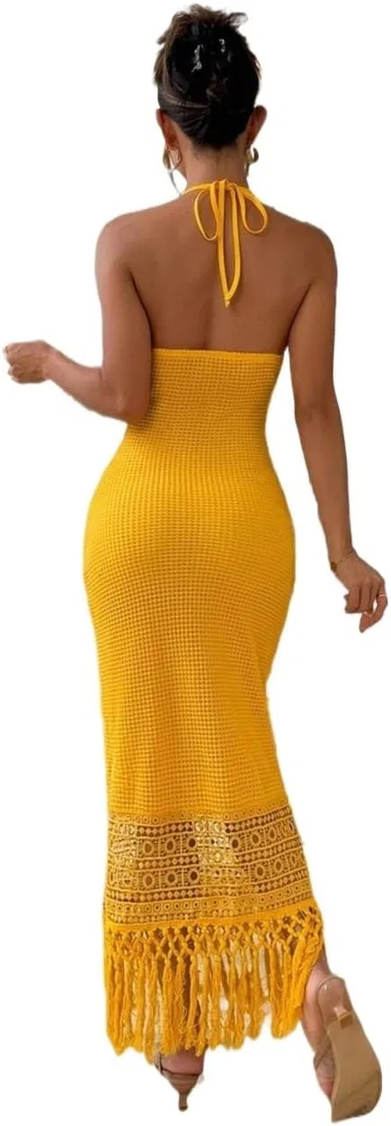 Женское длинное пляжное платье-макраме на бретелях, Yellow — фото 4
