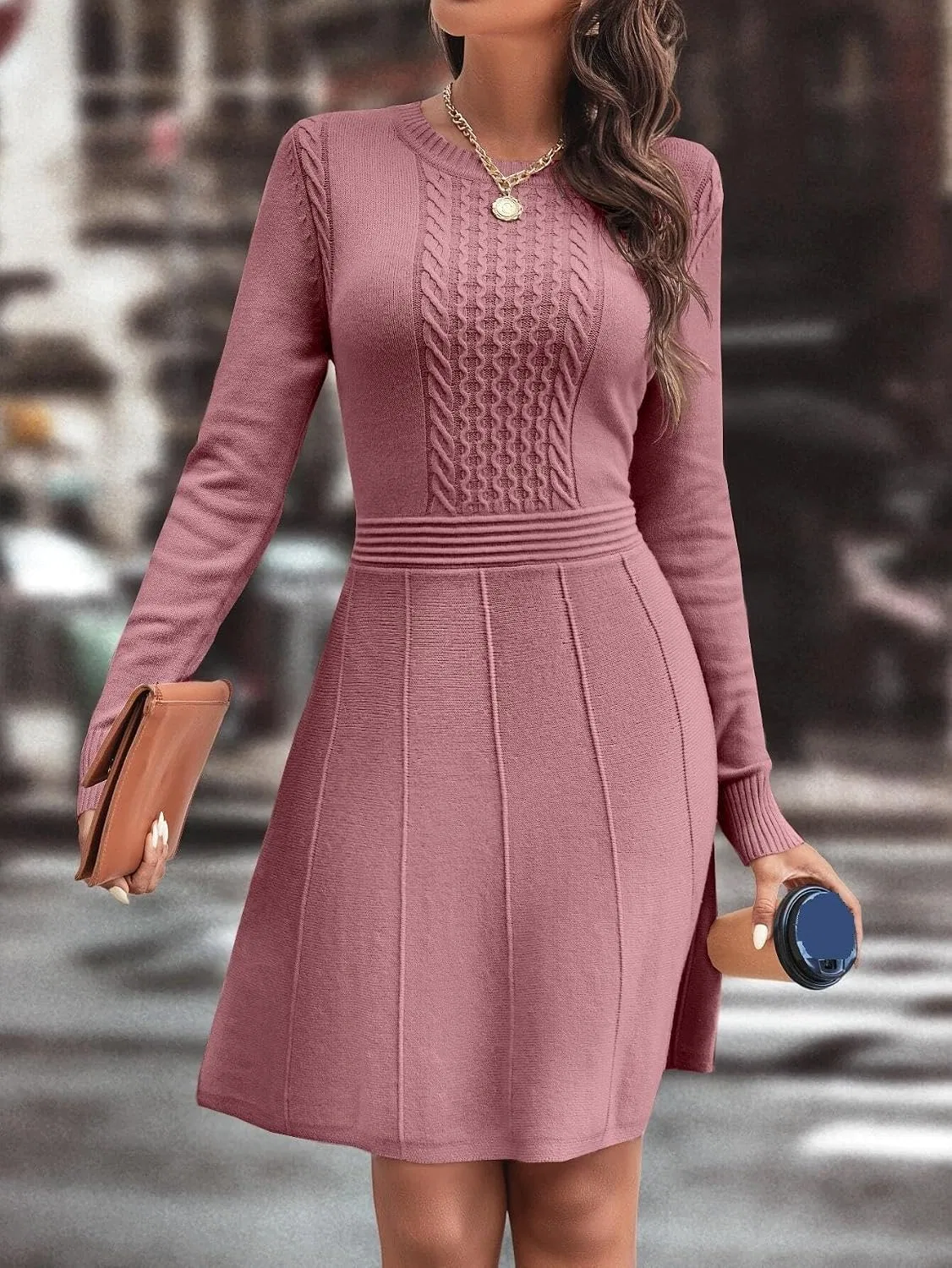 Женское короткое платье-свитер с кабельным узором Dusty Pink — фото 3