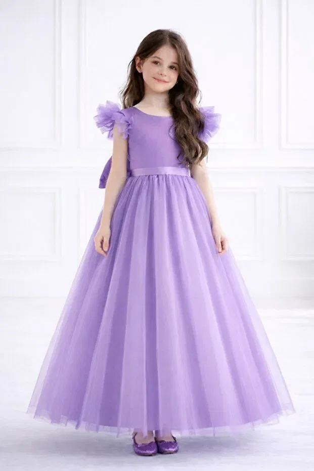 Детское платье для девочек из тюля с принтом Girl'S lilac tulle piece princess evening dress - ruffle sleeves, open back bow detail , special occasion dress Madyabutik, Lilac