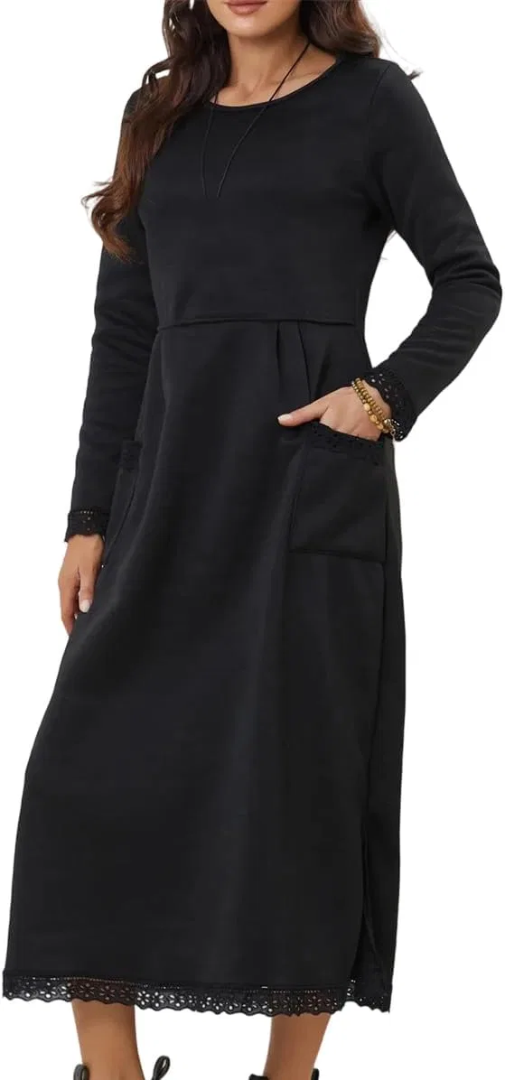 Женское длинное платье из шерсти с отложным воротником, Black