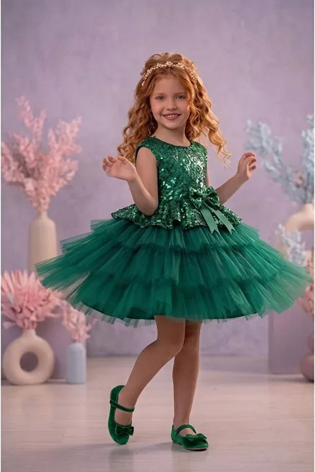 Детское платье для девочек с пайетками Emerald Green Sequined Tulle Delfini Kids, Green — фото 2