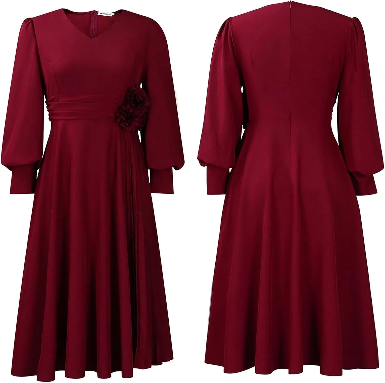 Женское вечернее платье миди V-образным вырезом и поясом, Wine Red — фото 2