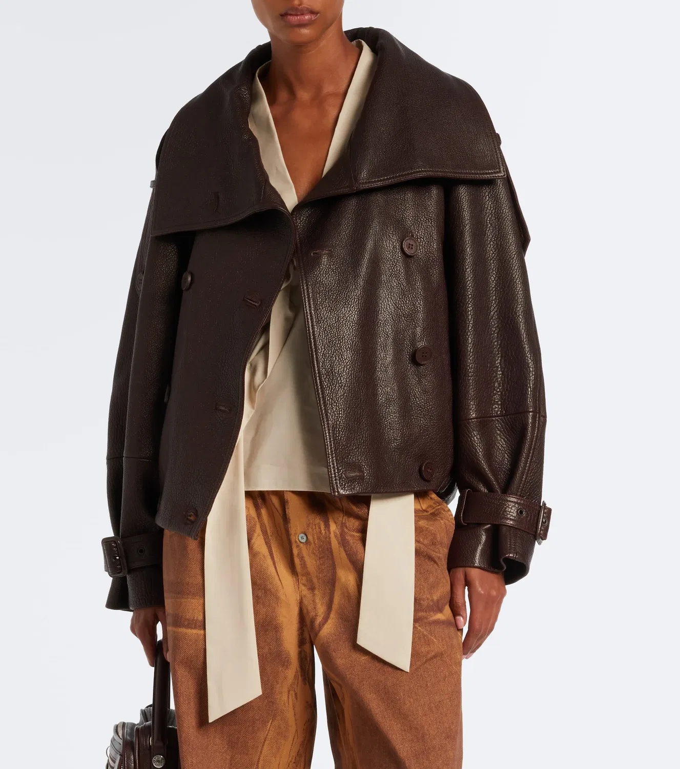 Укороченная кожаная куртка Acne Studios, коричневый — фото 2