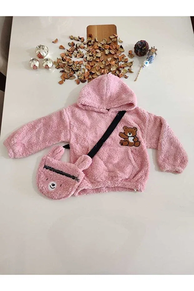 Детский кардиган с капюшоном для девочек, плюшевый, Hooded plush girl's cardigan with bear embroidery bag accessories, Alg, Pink