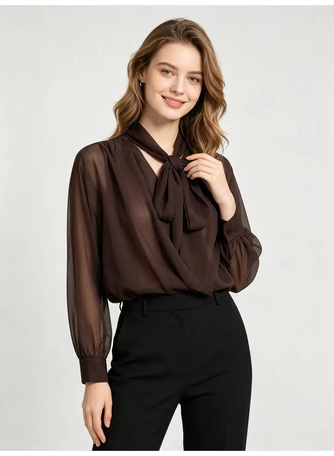 Блузка с бантом на шее Zara, коричневый — фото 2
