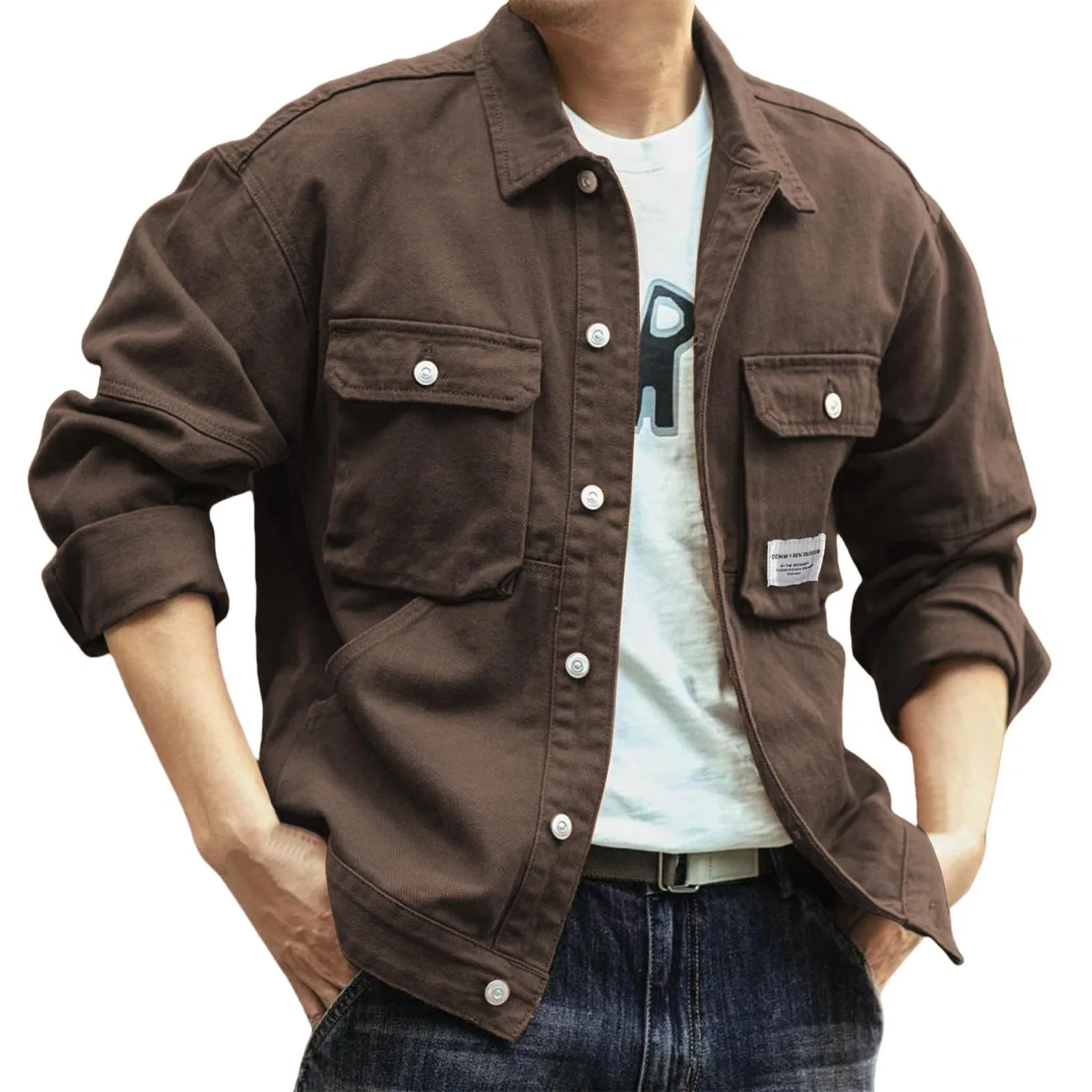 Мужская джинсовая куртка с потертостями и длинным рукавом, Z22-coffee Denim Giacca Uomo