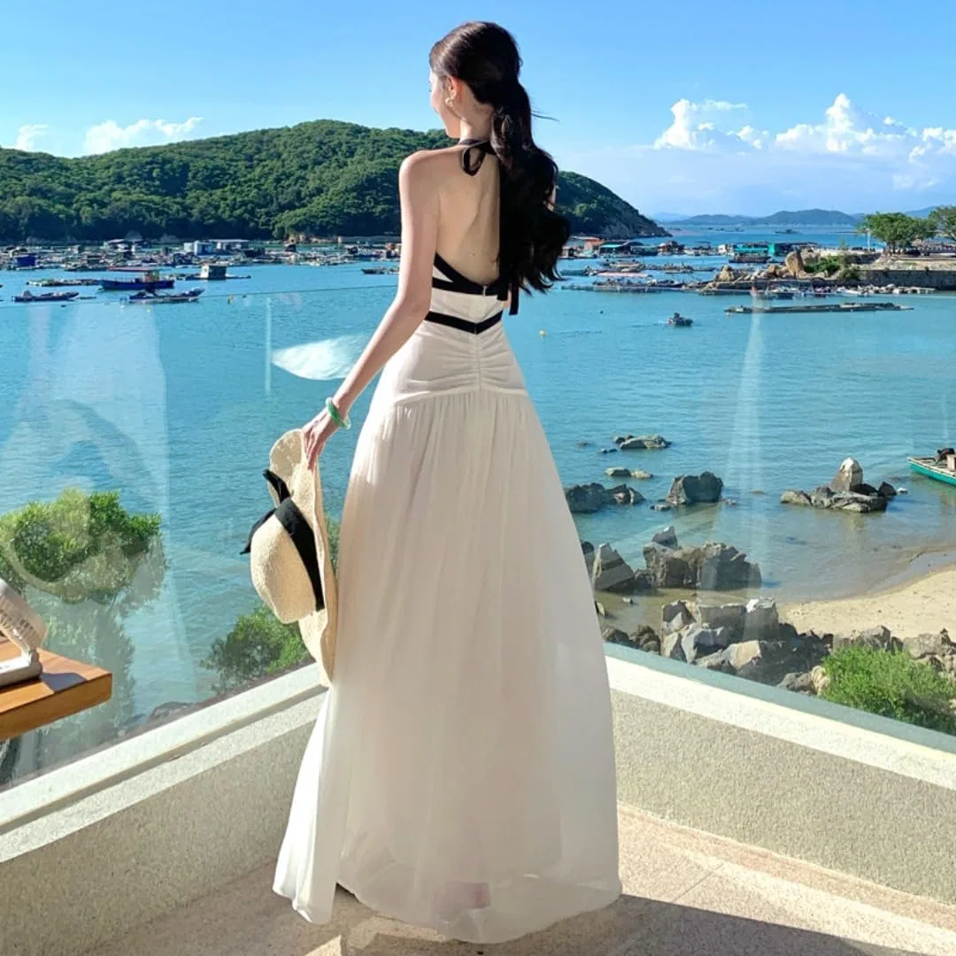 Женское вечернее платье с цветовыми блоками, Backless Halter Neck Beach Gown, White — фото 2