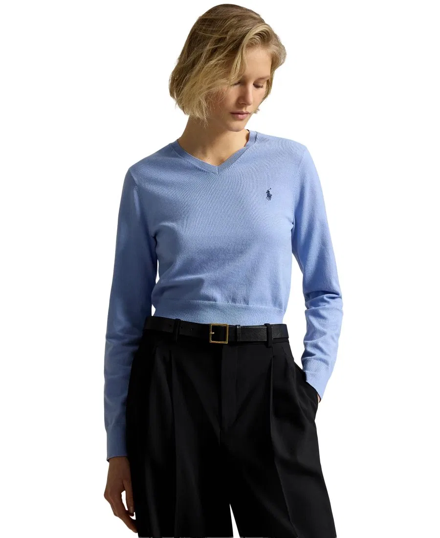 Свитер женский с V-образным вырезом, укороченный, с длинным рукавом Polo Ralph Lauren, Dress Shirt Blue