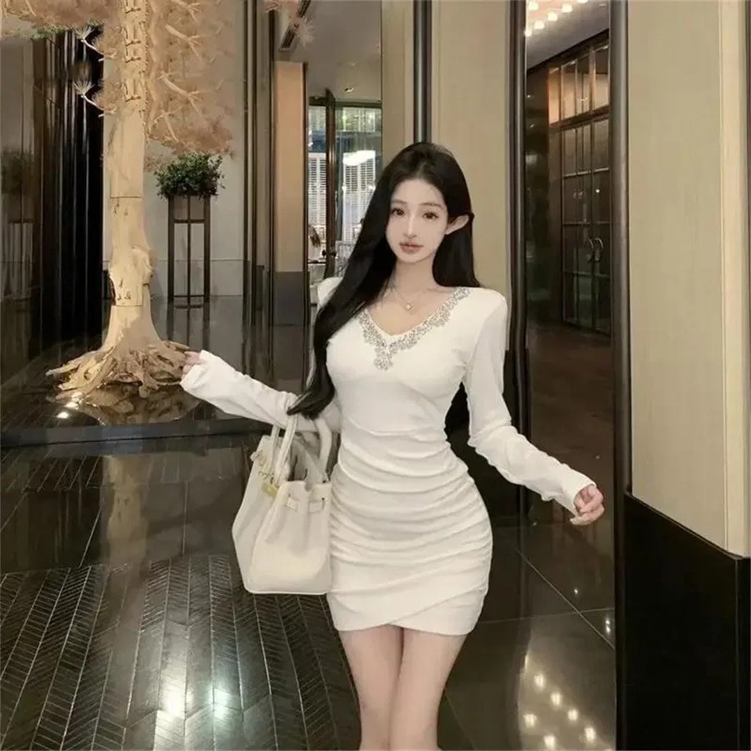 Женское облегающее мини-платье с V-образным вырезом, Solid, White — фото 2