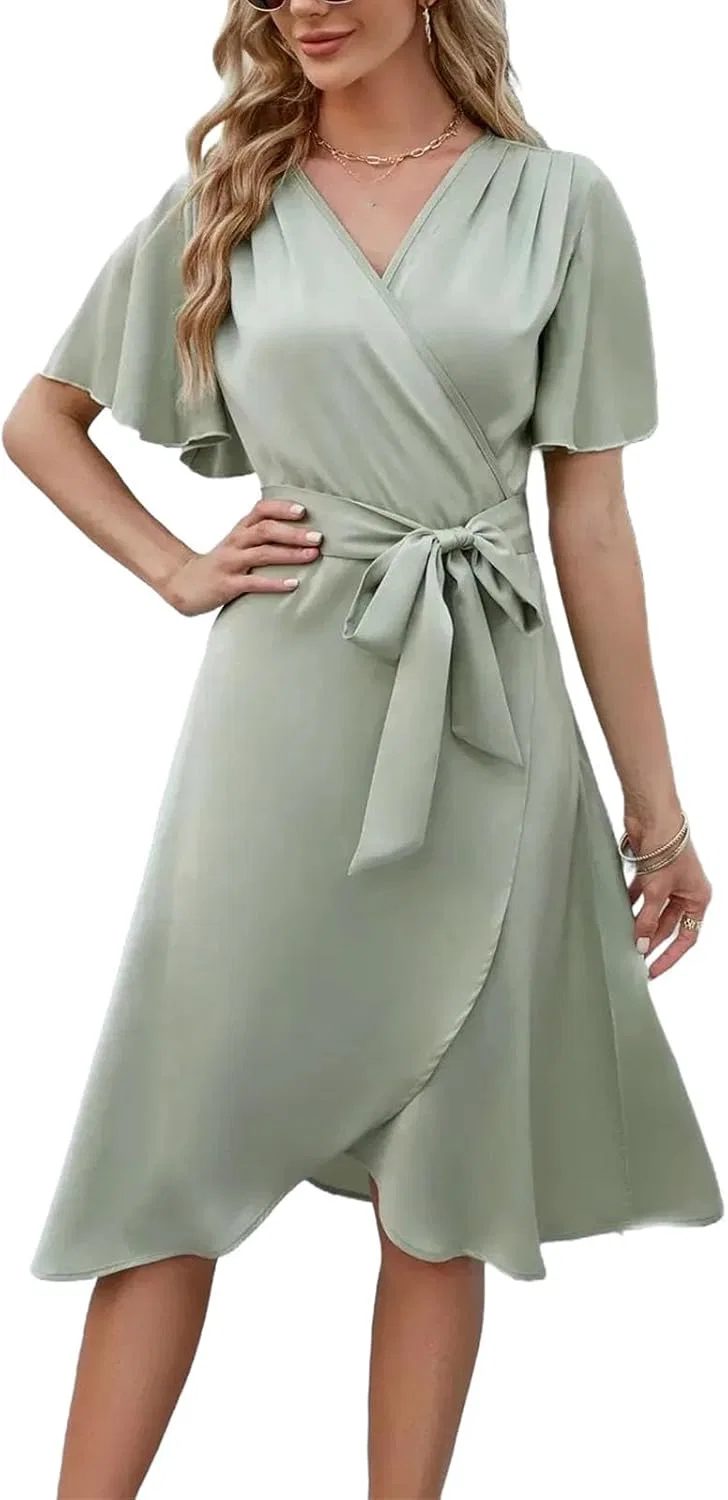 Женское A-силуэта платье с V-образным вырезом Irregular Ruffled Tie in Back, Light Green