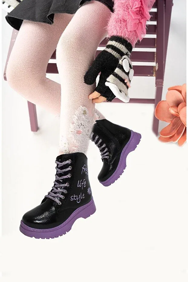 Детские ботинки для девочек с коротким каблуком Pabuçland, Black Purple