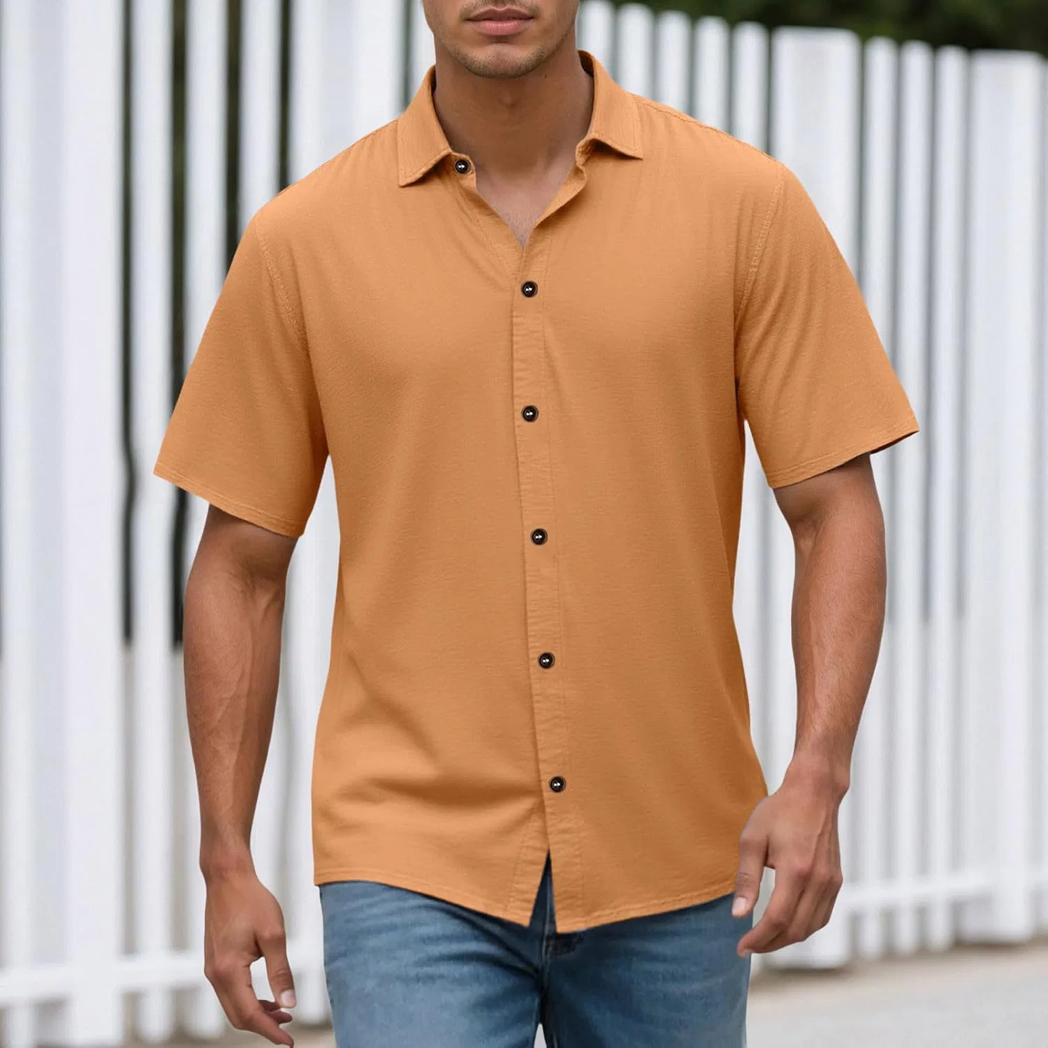 Мужская рубашка с коротким рукавом, slim fit, оранжевый — фото 2