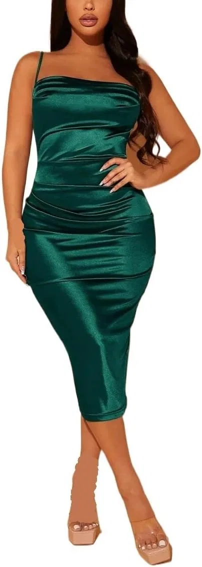 Женское сатиновое платье-миди с открытой спиной Cami, Dark Green