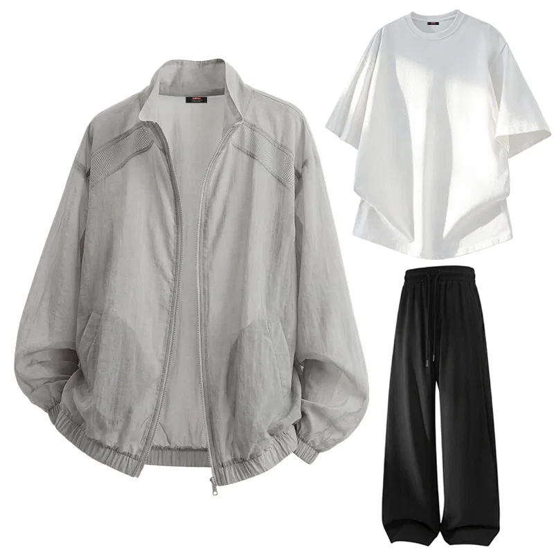 Детский комплект куртки и брюк из ветровки BALENO, Blue Sun Protection Clothing+White T-Shirt+Black Pants — фото 3