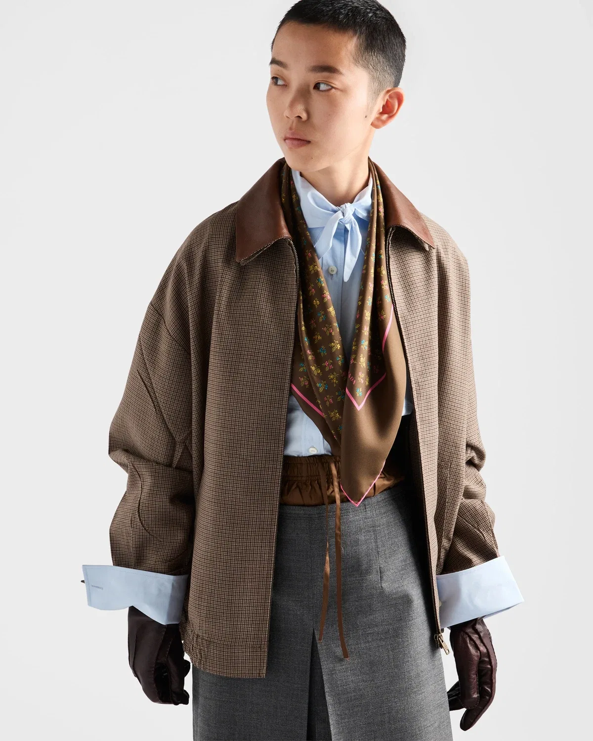 Куртка-блузон шерстяная с узором "гусиные лапки", Prada, коричневый — фото 4
