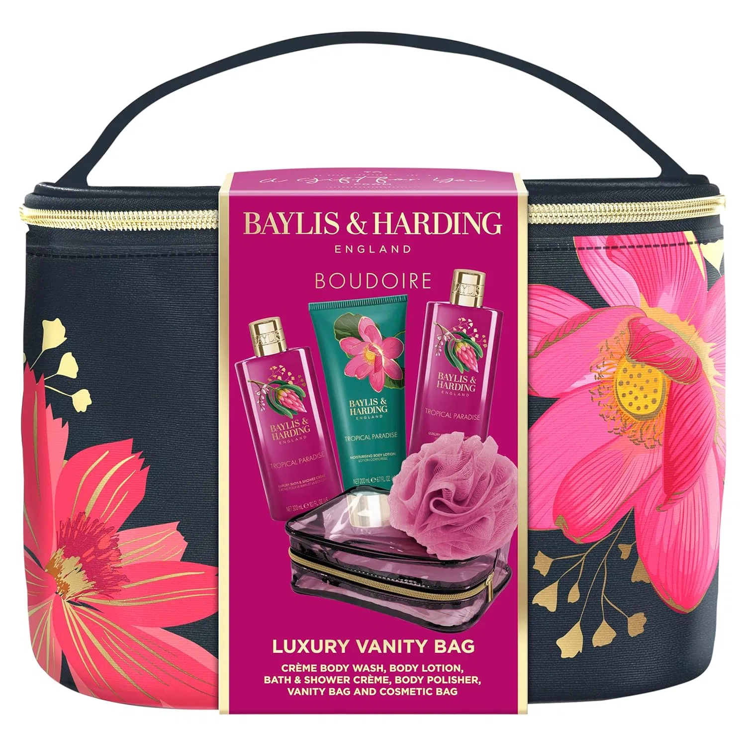 Набор Tropical Paradise, Baylis & Harding: гель для душа 300 мл, крем для душа и ванны 300 мл, лосьон для тела 200 мл, скраб для тела, косметичка, 900 г