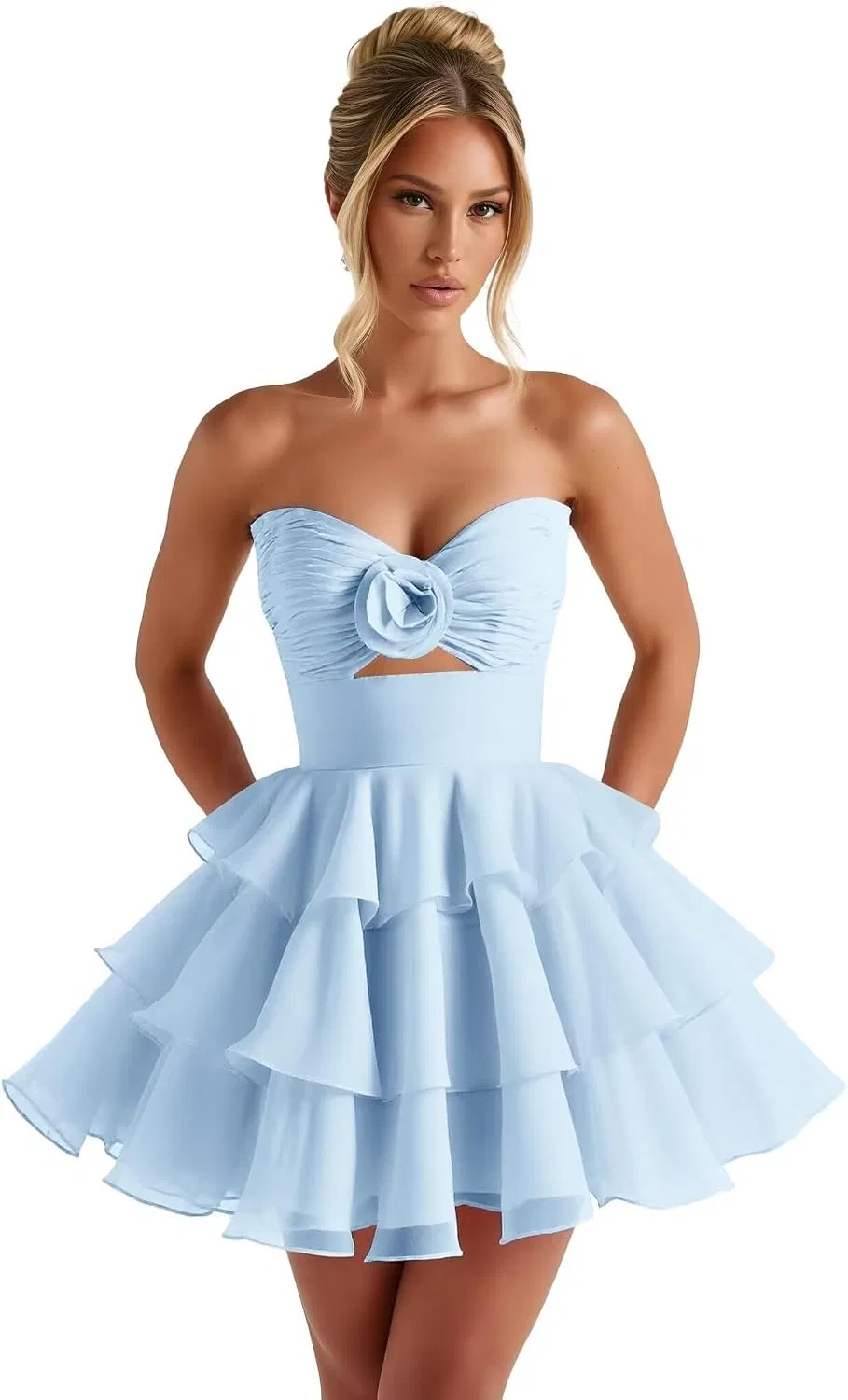 Женское коктейльное платье с ярусами из металлизированного шифона YHW35, Light Blue