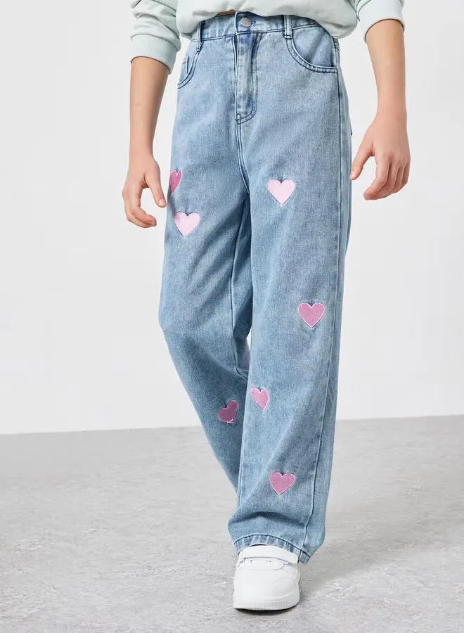 Джинсы с вышивкой в виде сердца, широкие, модель Heart Embroidered Wide Leg, Styli, синий