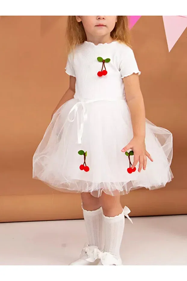 Детское платье для девочек хлопковое с принтом Cherry Nc Gift, White — фото 3