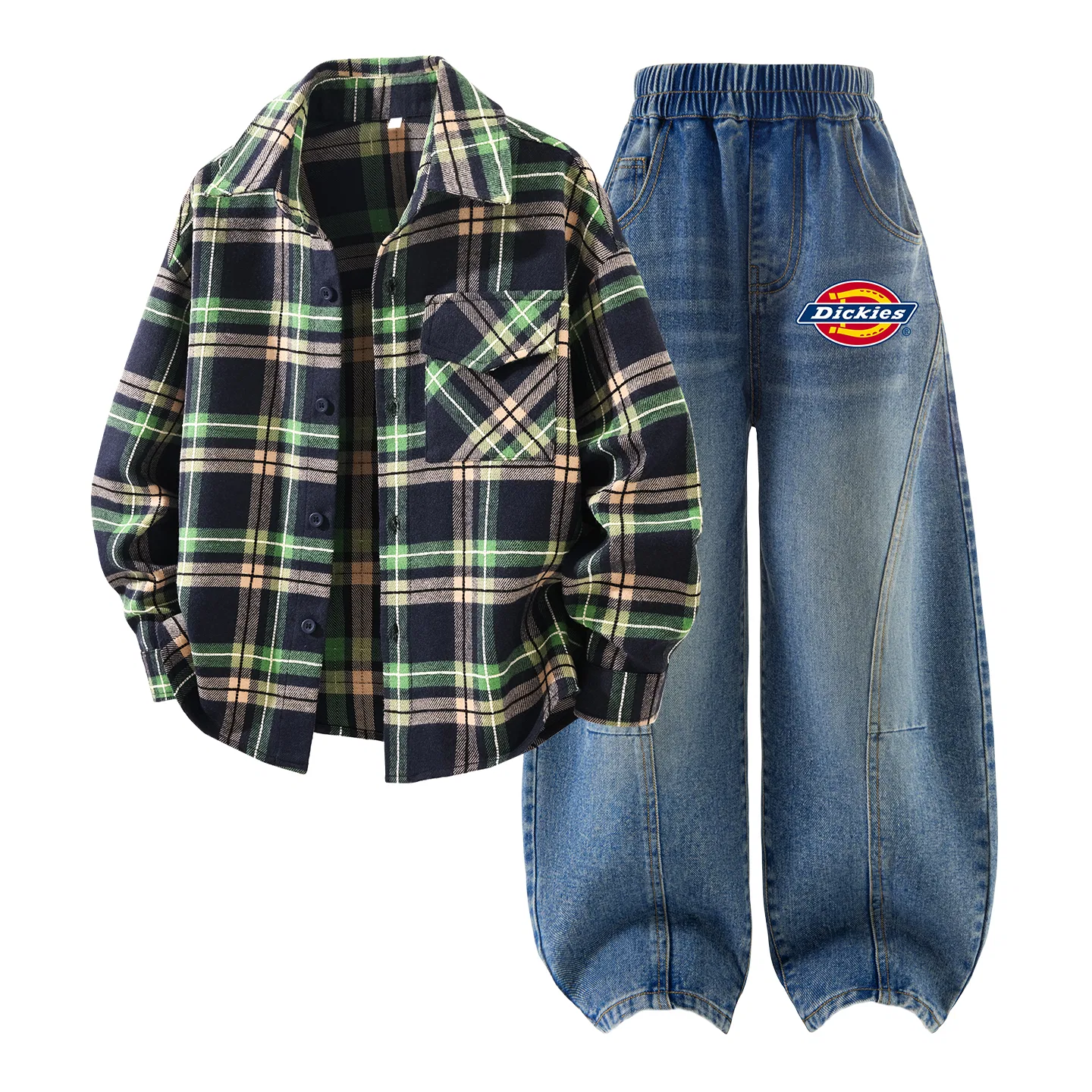 Детский спортивный комплект с принтом Dickies, Solid Rum Brown Plaid+Thick S Logo Denim Blue — фото 3