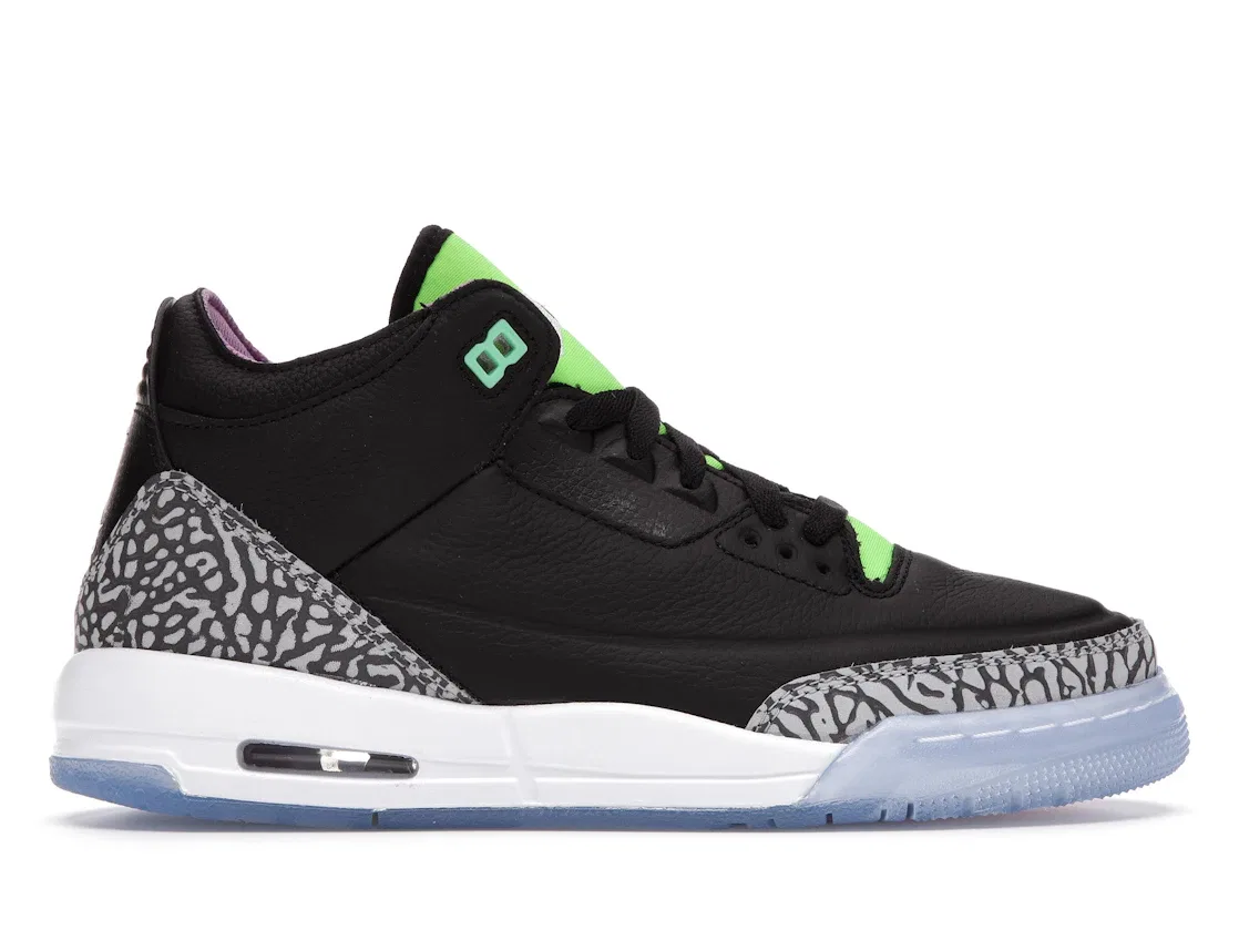 Детские кроссовки с принтом Jordan 3 Retro Jordan, Black/White-Electric Green-Violet Shock-Green Glow