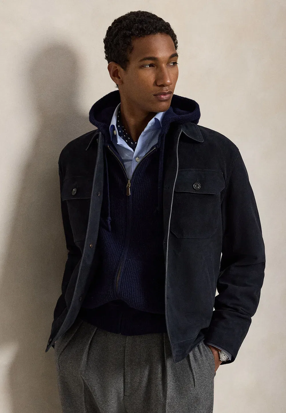 Вафельный свитер с капюшоном из шерсти и хлопка - кардиган Polo Ralph Lauren, Hunter Navy — фото 4