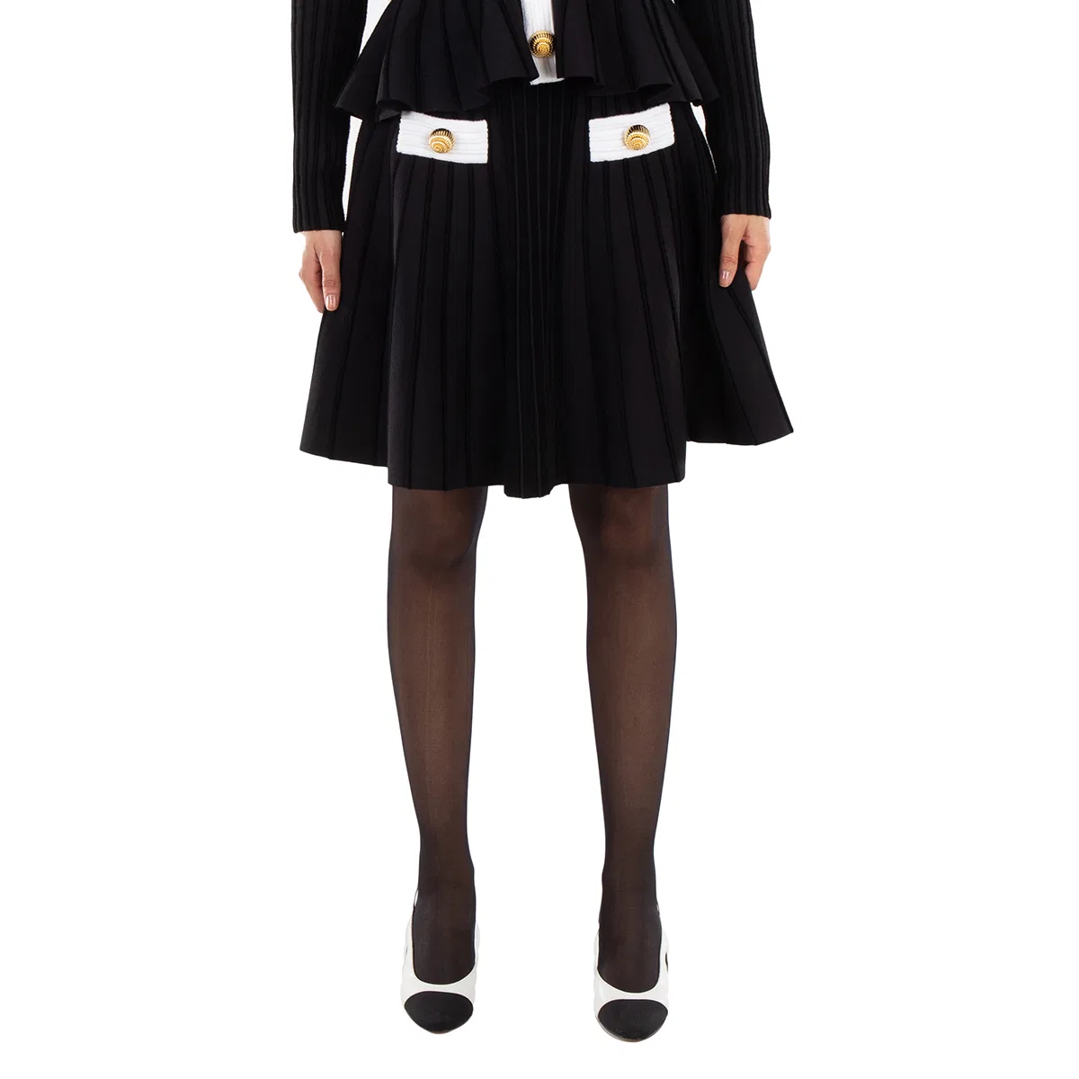 Юбка мини из рибаны с высокой посадкой High-Waisted Ribbed-Knit Mini Skirt Balmain, Noir/Blanc