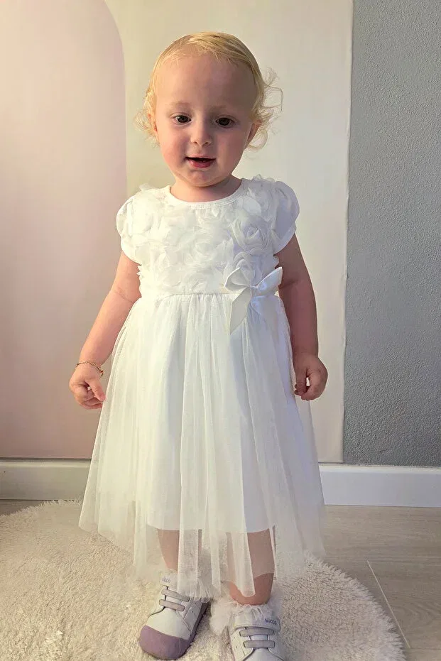 Детское платье для девочек с принтом 3D Daisy Flower Applique and Bow Detail Breeze, Ecru
